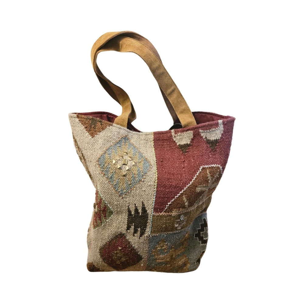 Vintage Aztec Kilim Wool‎ Tapestry Tote Bag Boho Southwestern Patchwork